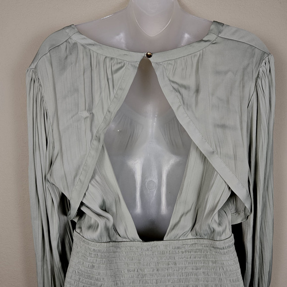 Anthropologie Smocked Blouson Sleeve Blouse Sage Green Open Back Satin Party L - Picture 10 of 16